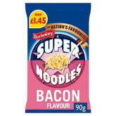 Batchelors Super Noodles Bacon Flavour Instant Noodle, 90g, priced at £1.45 and featuring "The Nation's Favourite" on the pack—ideal for instant noodle enthusiasts.